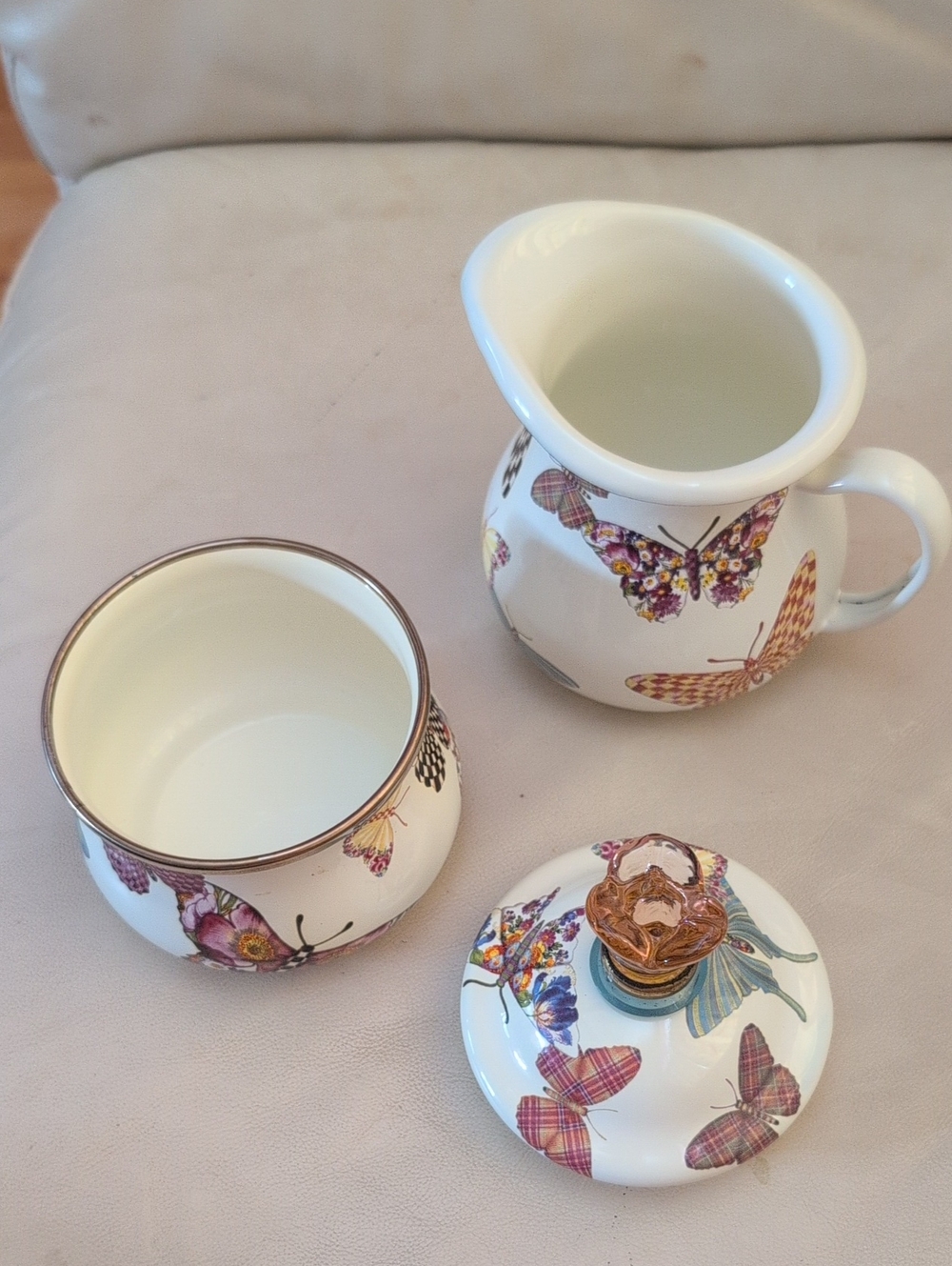 MacKenzie Child's Butterfly Floral Ceramic Creamer, Sugar Bowl & Lid